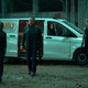 The four stars of Dark Fate: Hamilton, Natalia Reyes, Mackenzie Davis, and the Carl’s Draperies van.